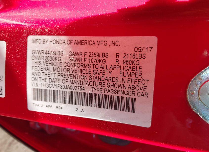 Photo 9 of 2018 Honda Accord SPORT (VIN 1HGCV1F30JA002754)