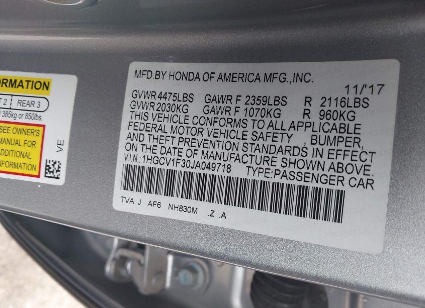 Photo 9 of 2018 Honda Accord SPORT (VIN 1HGCV1F30JA049718)