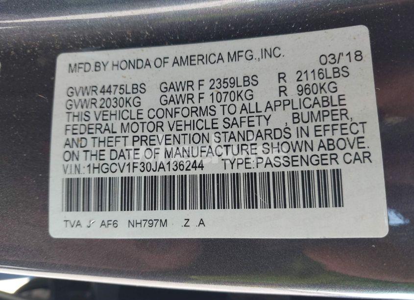 Photo 9 of 2018 Honda Accord SPORT (VIN 1HGCV1F30JA136244)