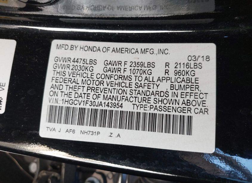 Photo 9 of 2018 Honda Accord SPORT (VIN 1HGCV1F30JA143954)