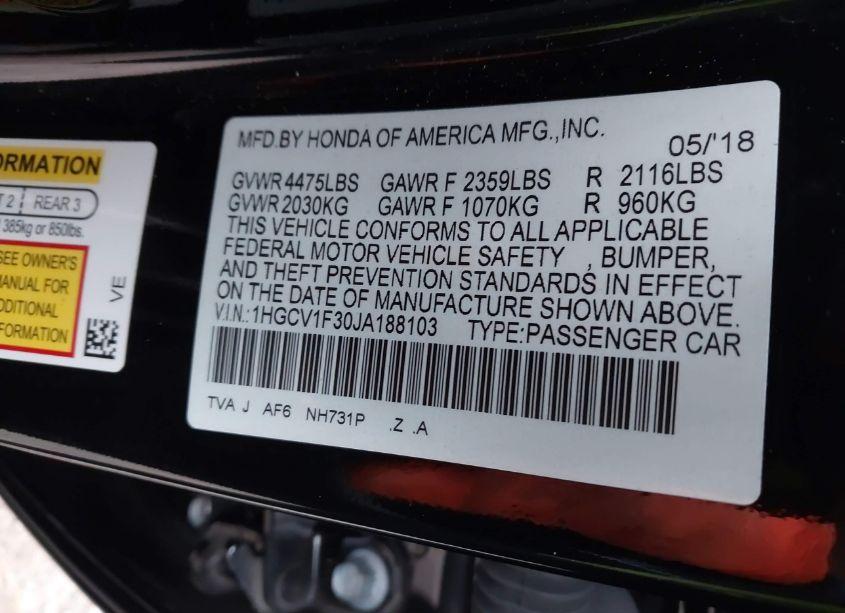 Photo 9 of 2018 Honda Accord SPORT (VIN 1HGCV1F30JA188103)