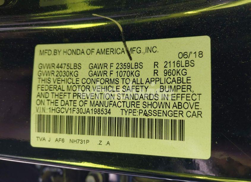 Photo 9 of 2018 Honda Accord SPORT (VIN 1HGCV1F30JA198534)