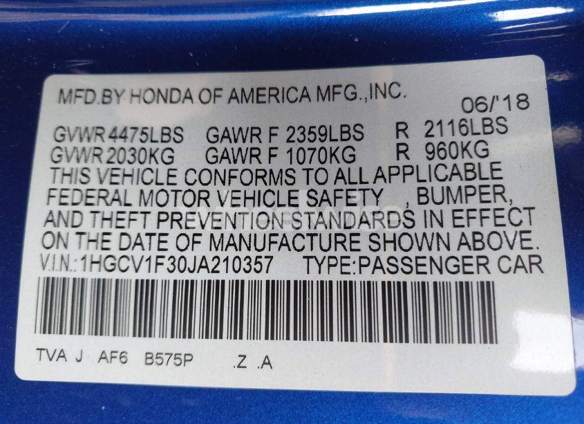 Photo 9 of 2018 Honda Accord SPORT (VIN 1HGCV1F30JA210357)