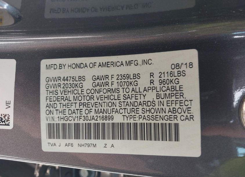 Photo 9 of 2018 Honda Accord SPORT (VIN 1HGCV1F30JA216899)