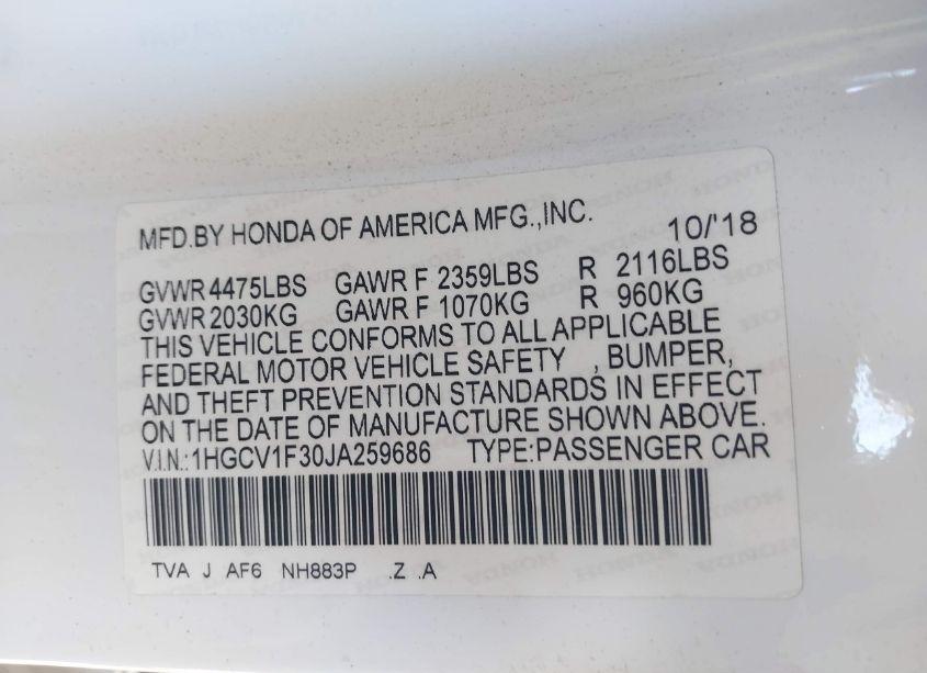 Photo 9 of 2018 Honda Accord SPORT (VIN 1HGCV1F30JA259686)