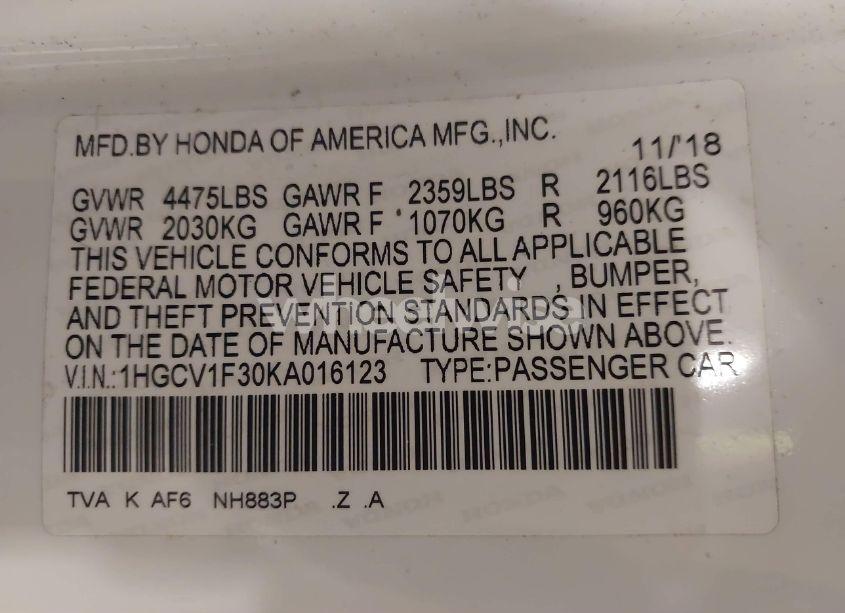 Photo 9 of 2019 Honda Accord SPORT (VIN 1HGCV1F30KA016123)