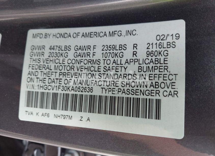 Photo 9 of 2019 Honda Accord SPORT (VIN 1HGCV1F30KA052636)