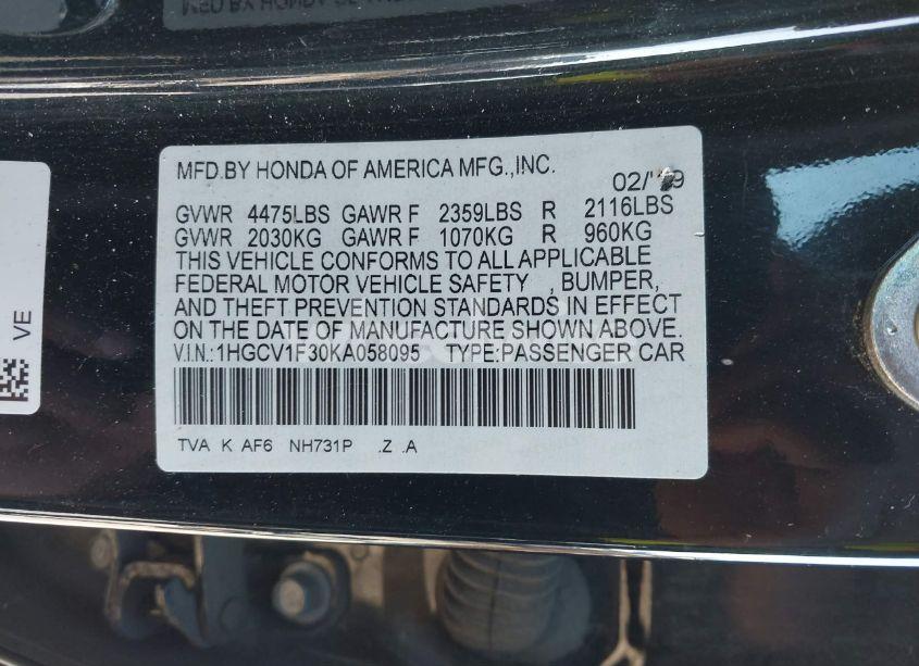 Photo 9 of 2019 Honda Accord SPORT (VIN 1HGCV1F30KA058095)