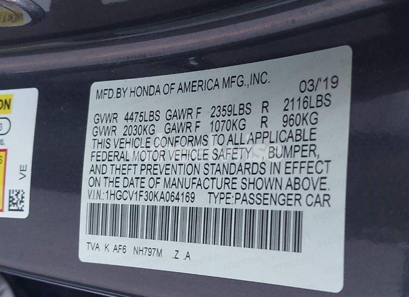 Photo 9 of 2019 Honda Accord SPORT (VIN 1HGCV1F30KA064169)