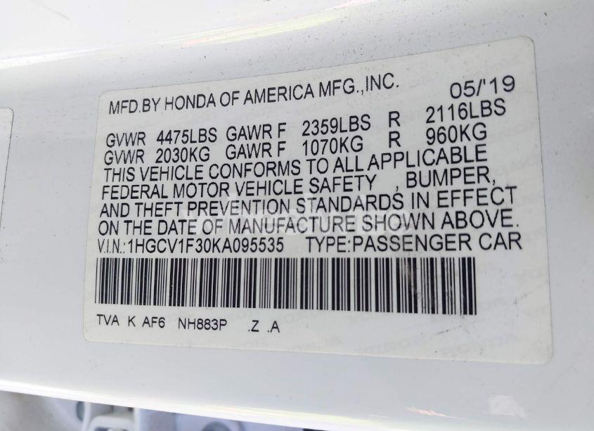 Photo 9 of 2019 Honda Accord SPORT (VIN 1HGCV1F30KA095535)