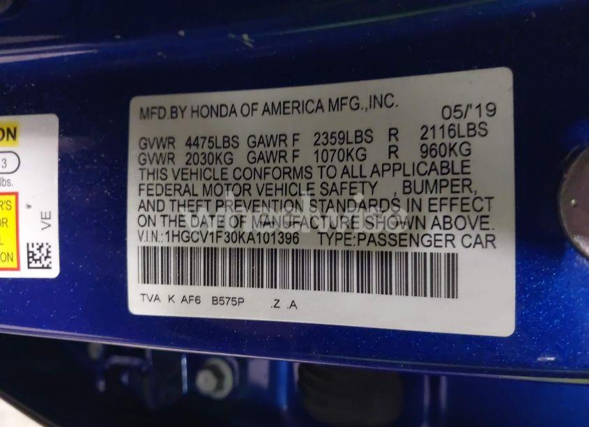 Photo 9 of 2019 Honda Accord SPORT (VIN 1HGCV1F30KA101396)