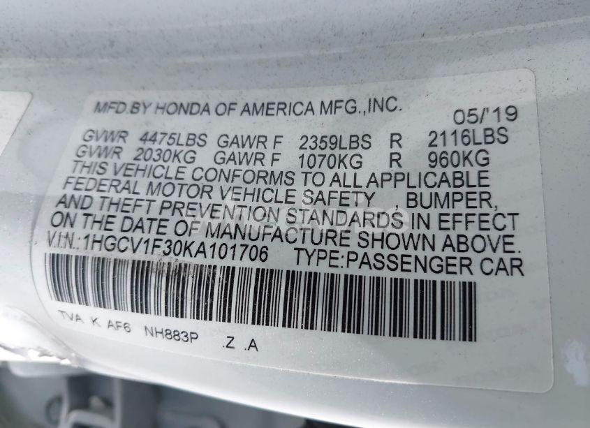 Photo 9 of 2019 Honda Accord SPORT (VIN 1HGCV1F30KA101706)