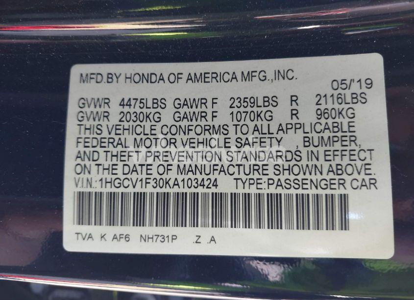 Photo 9 of 2019 Honda Accord SPORT (VIN 1HGCV1F30KA103424)