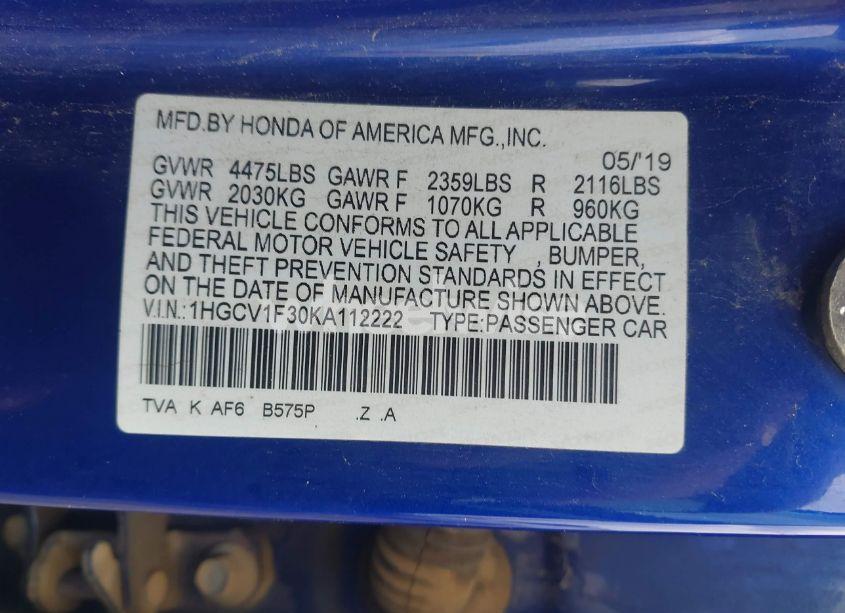 Photo 9 of 2019 Honda Accord SPORT (VIN 1HGCV1F30KA112222)