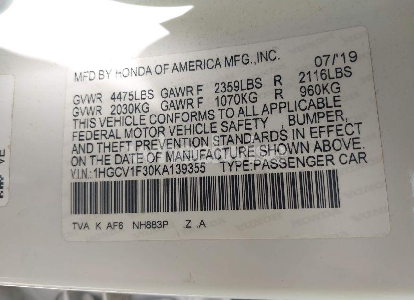 Photo 9 of 2019 Honda Accord SPORT (VIN 1HGCV1F30KA139355)