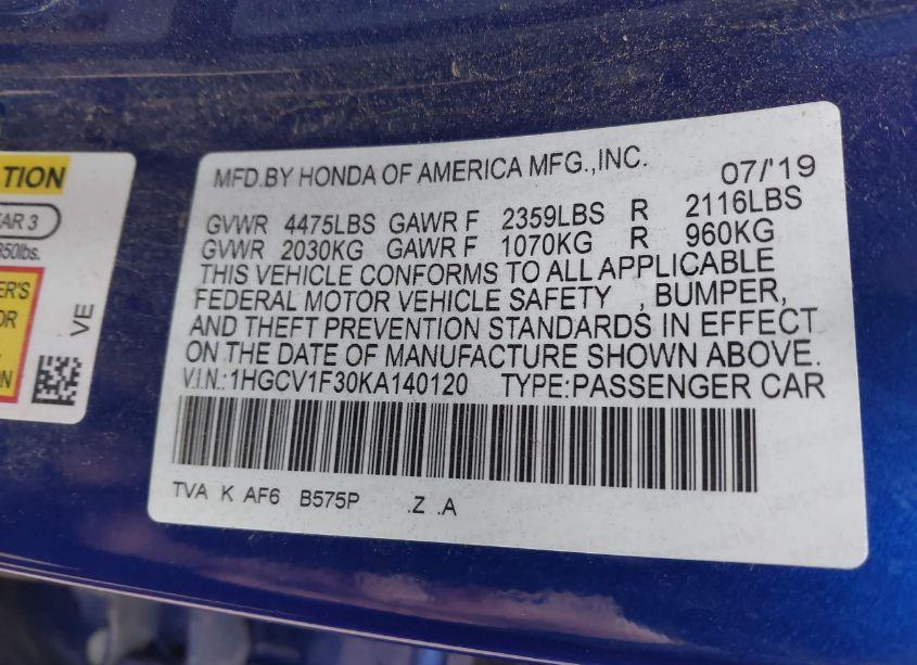 Photo 9 of 2019 Honda Accord SPORT (VIN 1HGCV1F30KA140120)