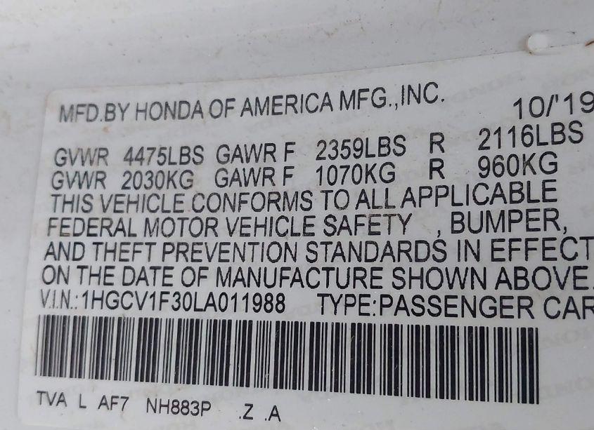 Photo 9 of 2020 Honda Accord SPORT (VIN 1HGCV1F30LA011988)