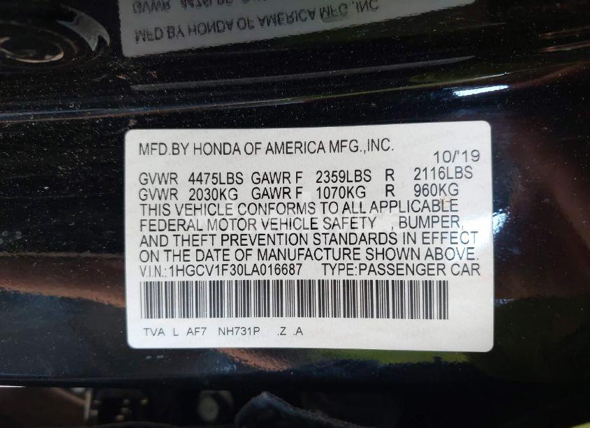 Photo 9 of 2020 Honda Accord SPORT (VIN 1HGCV1F30LA016687)