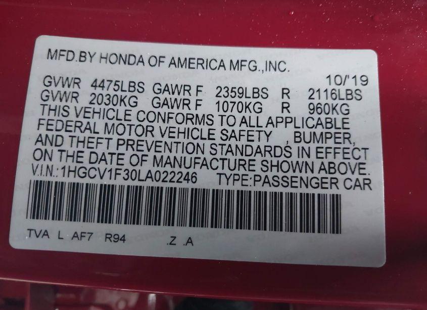 Photo 9 of 2020 Honda Accord SPORT (VIN 1HGCV1F30LA022246)