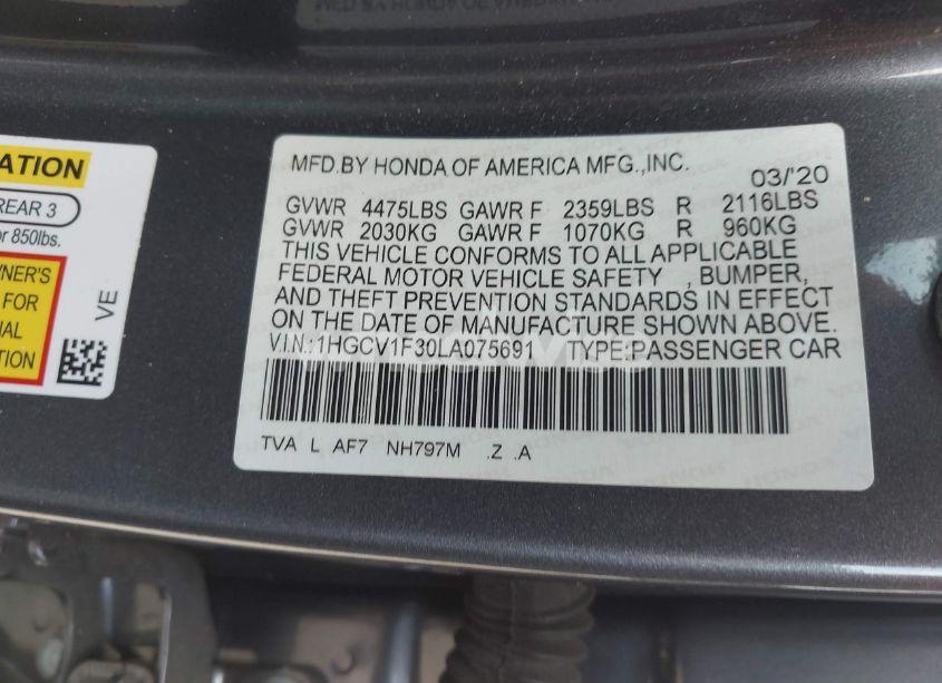 Photo 9 of 2020 Honda Accord SPORT (VIN 1HGCV1F30LA075691)