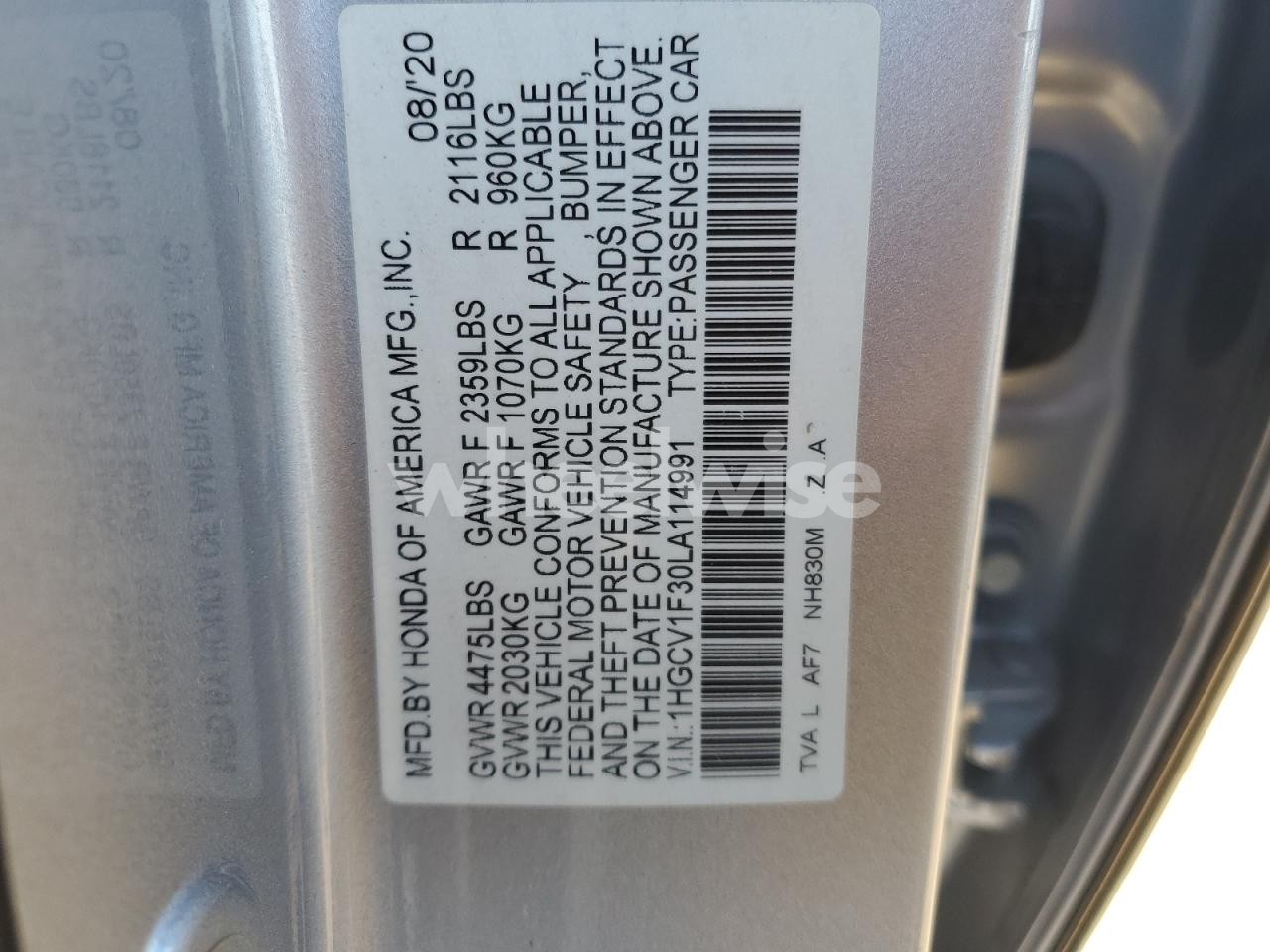Photo 12 of 2020 HONDA ACCORD SPORT (VIN 1HGCV1F30LA114991)
