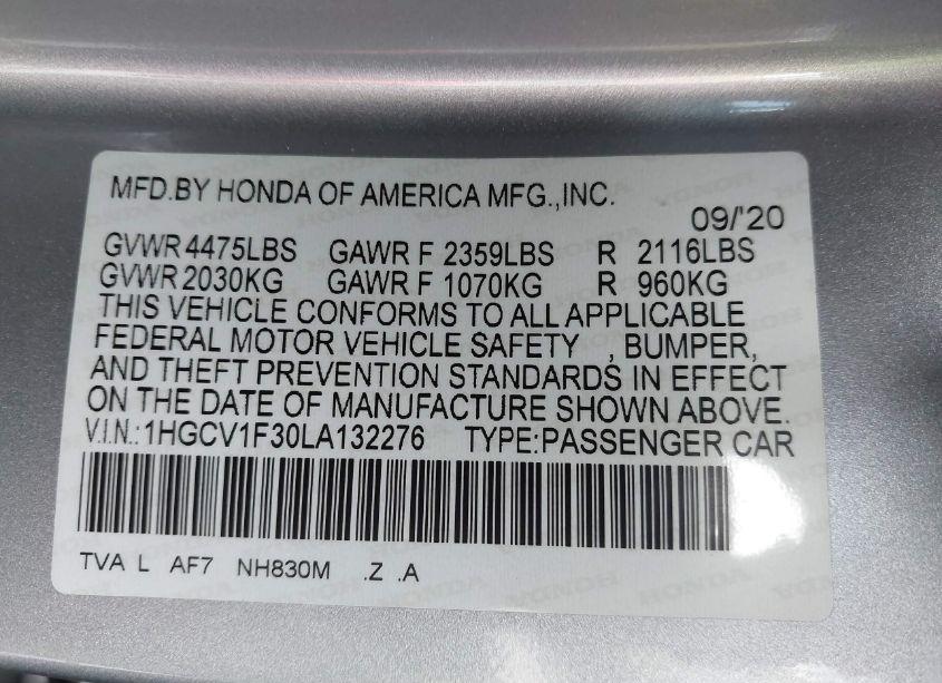 Photo 9 of 2020 Honda Accord SPORT (VIN 1HGCV1F30LA132276)