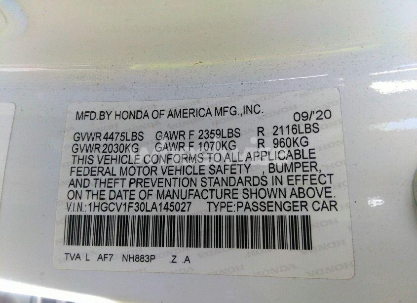 Photo 9 of 2020 Honda Accord SPORT (VIN 1HGCV1F30LA145027)