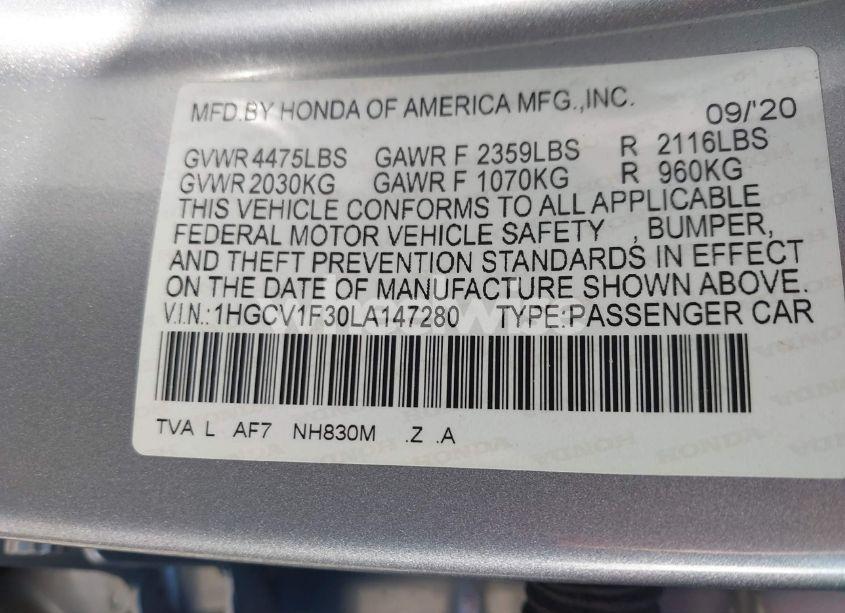 Photo 9 of 2020 Honda Accord SPORT (VIN 1HGCV1F30LA147280)