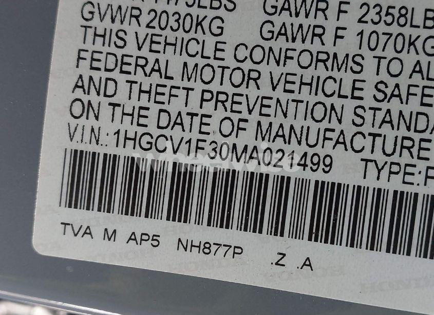 Photo 9 of 2021 Honda Accord SPORT (VIN 1HGCV1F30MA021499)