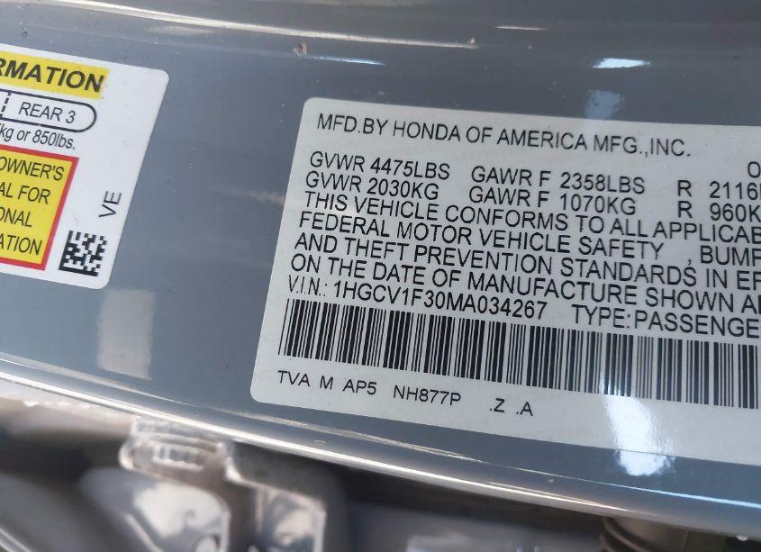 Photo 9 of 2021 Honda Accord SPORT (VIN 1HGCV1F30MA034267)