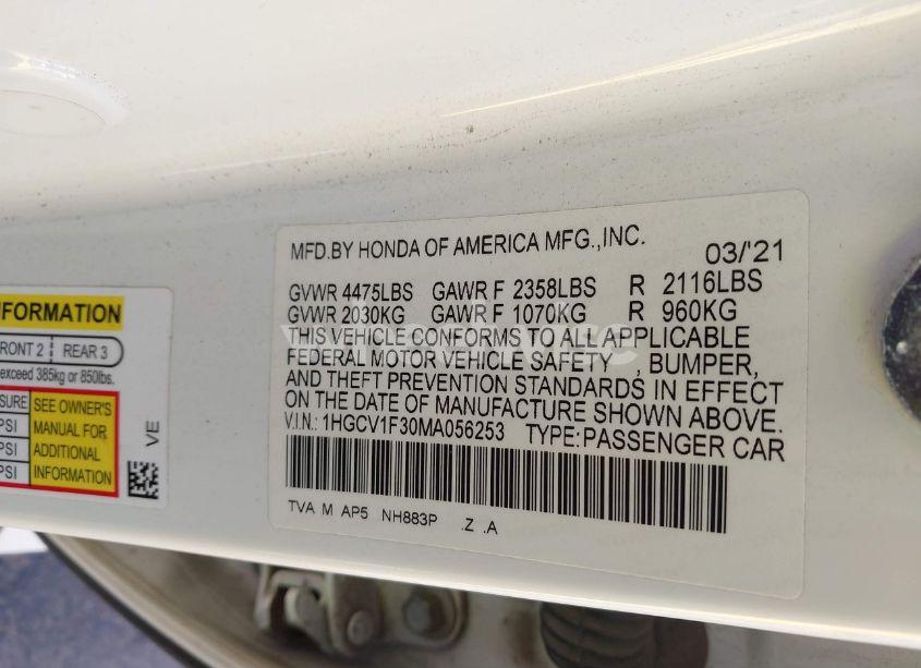 Photo 9 of 2021 Honda Accord SPORT (VIN 1HGCV1F30MA056253)