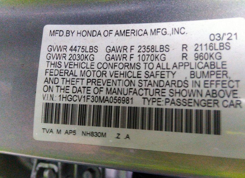 Photo 9 of 2021 Honda Accord SPORT (VIN 1HGCV1F30MA056981)