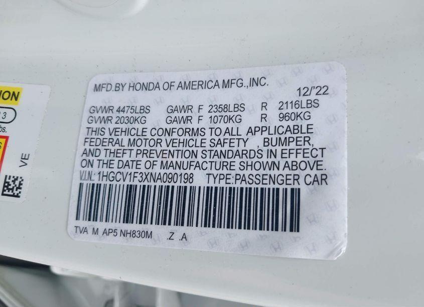 Photo 7 of 2021 Honda Accord SPORT (VIN 1HGCV1F30MA084831)