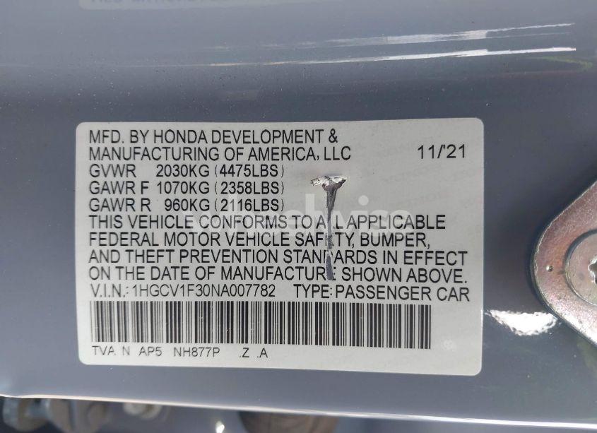 Photo 9 of 2022 Honda Accord SPORT (VIN 1HGCV1F30NA007782)