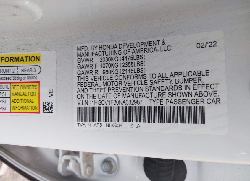 Photo 9 of 2022 Honda Accord SPORT (VIN 1HGCV1F30NA032987)