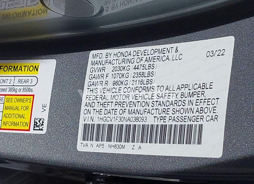 Photo 9 of 2022 Honda Accord SPORT (VIN 1HGCV1F30NA038093)