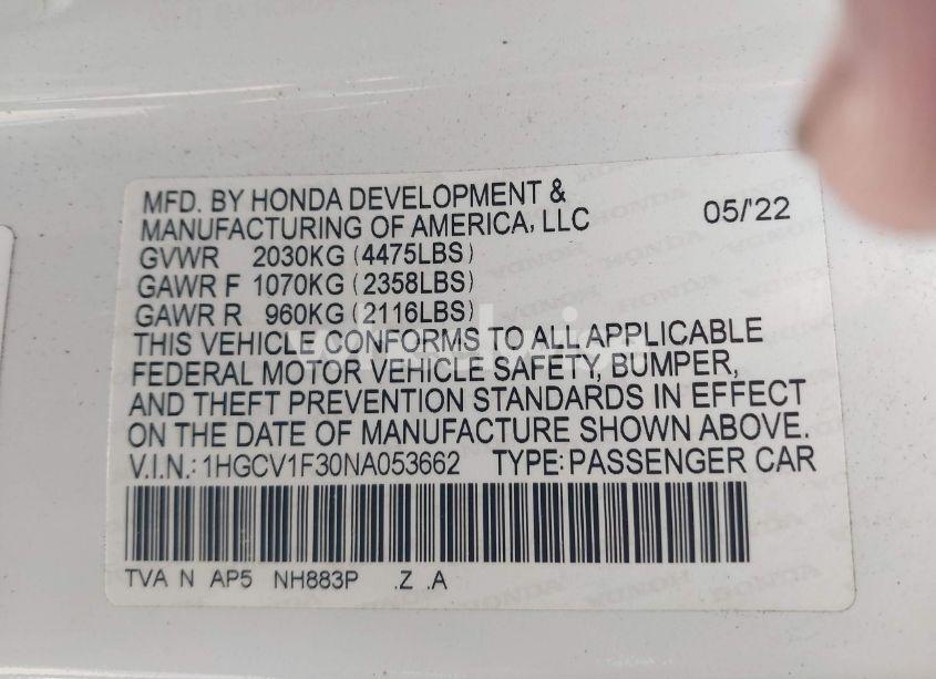 Photo 9 of 2022 Honda Accord SPORT (VIN 1HGCV1F30NA053662)