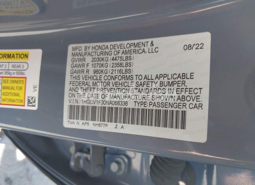 Photo 9 of 2022 Honda Accord SPORT (VIN 1HGCV1F30NA068338)