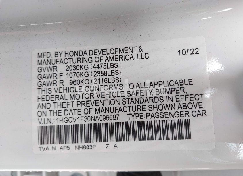 Photo 9 of 2022 Honda Accord SPORT (VIN 1HGCV1F30NA096687)