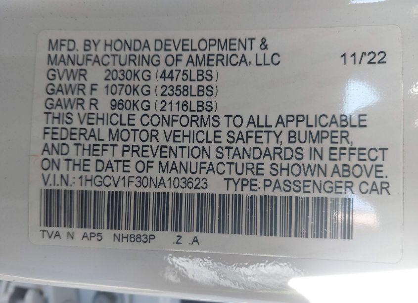Photo 9 of 2022 Honda Accord SPORT (VIN 1HGCV1F30NA103623)