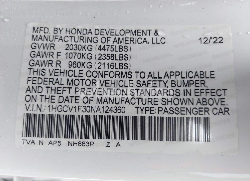 Photo 9 of 2022 Honda Accord SPORT (VIN 1HGCV1F30NA124360)