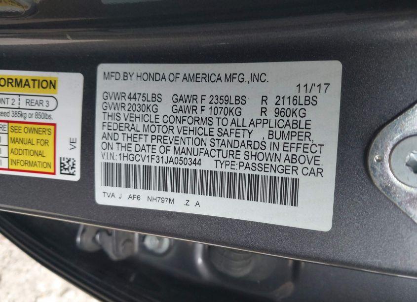 Photo 9 of 2018 Honda Accord SPORT (VIN 1HGCV1F31JA050344)