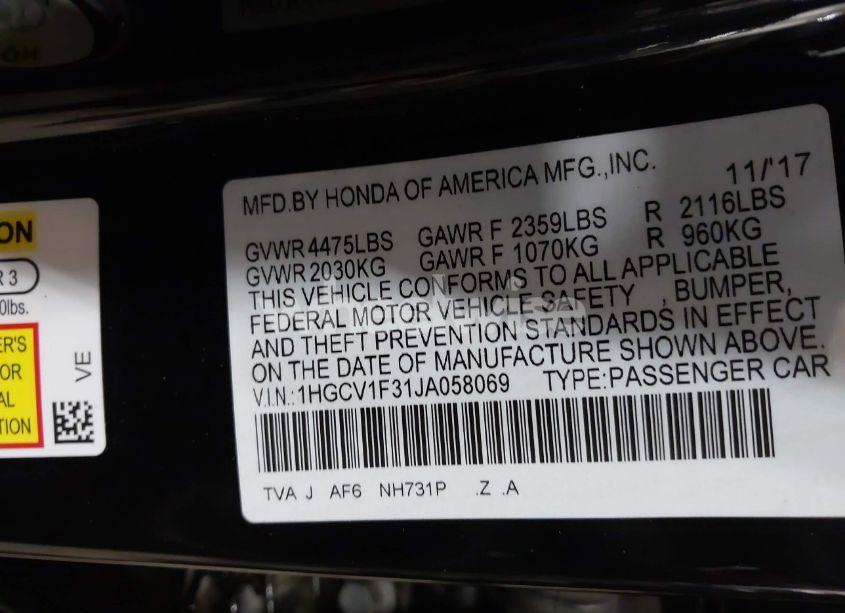 Photo 9 of 2018 Honda Accord SPORT (VIN 1HGCV1F31JA058069)