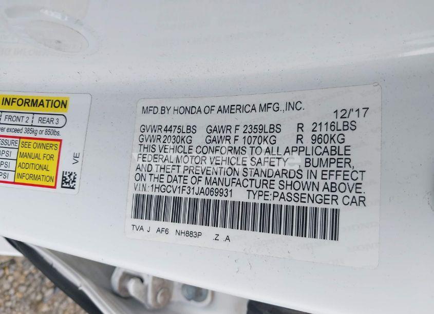 Photo 9 of 2018 Honda Accord SPORT (VIN 1HGCV1F31JA069931)