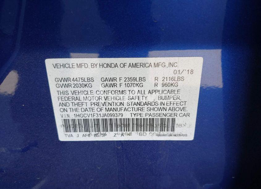 Photo 9 of 2018 Honda Accord SPORT (VIN 1HGCV1F31JA099379)
