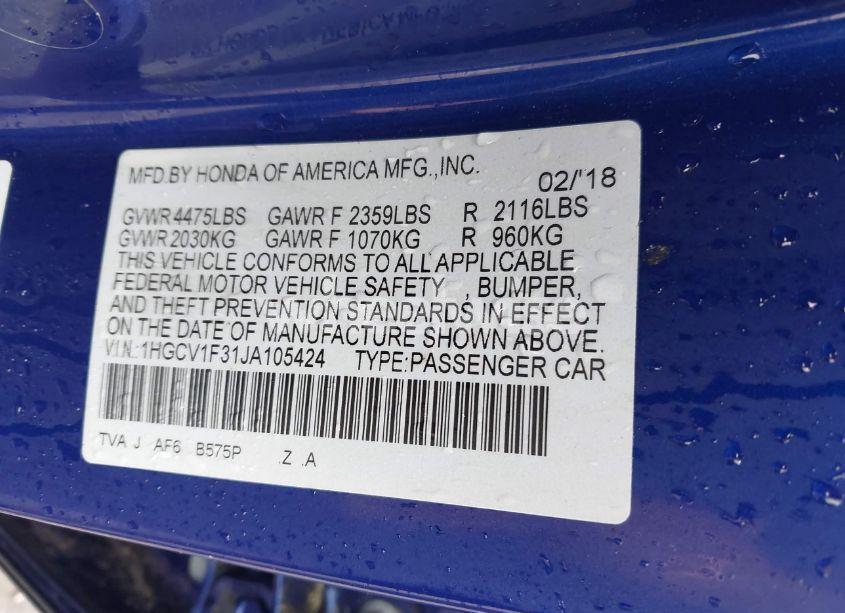 Photo 9 of 2018 Honda Accord SPORT (VIN 1HGCV1F31JA105424)