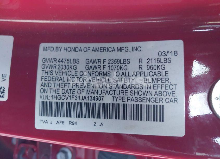 Photo 9 of 2018 Honda Accord SPORT (VIN 1HGCV1F31JA134907)