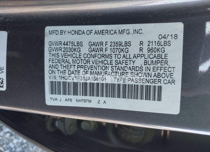 Photo 9 of 2018 Honda Accord SPORT (VIN 1HGCV1F31JA156101)