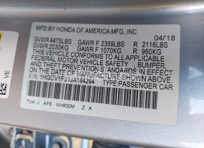 Photo 9 of 2018 Honda Accord SPORT (VIN 1HGCV1F31JA164294)