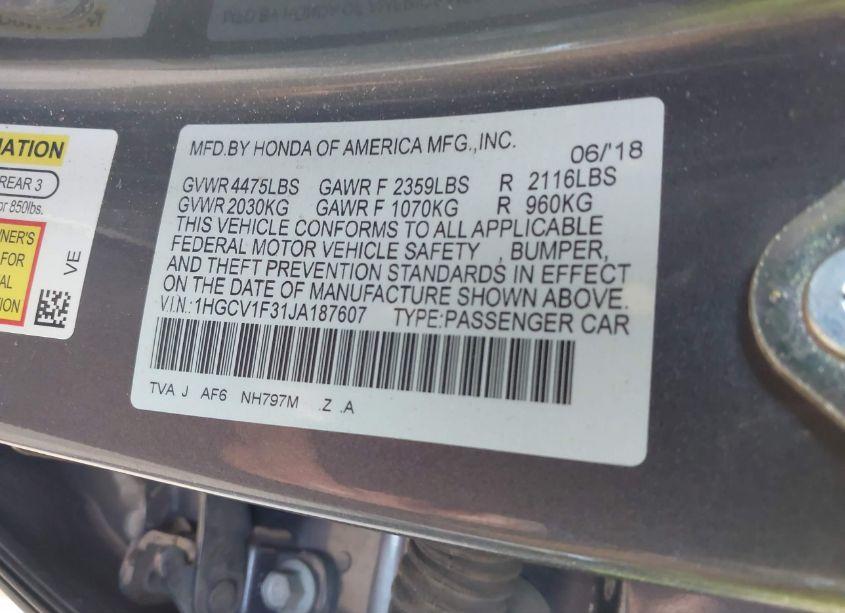 Photo 9 of 2018 Honda Accord SPORT (VIN 1HGCV1F31JA187607)